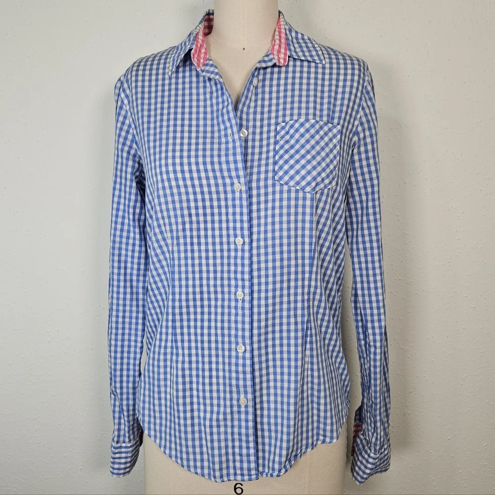 Brooks Brothers Blue Gingham Button Down Shirt Pink Contrast Trim Size 2